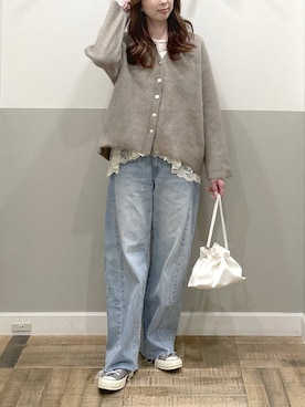 「A part by（アパートバイ）のキンチャクミニショルダバッグ（ショルダーバッグ、ホワイト系）」を使った、cocoさん（レディース・160cm）の秋コーディネート