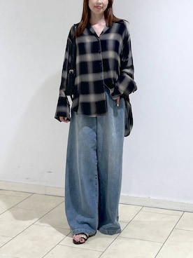 「A part by（アパートバイ）のチェックシャツ_長袖（シャツ/ブラウス、ブラック系）」を使った、cocoさん（レディース・160cm）の夏コーディネート