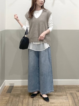 「A part by（アパートバイ）のティアードヘムプルオーバー_長袖（Tシャツ/カットソー、ベージュ系）」を使った、cocoさん（レディース・160cm）の秋コーディネート