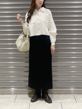 「A part by（アパートバイ）のエリツキニットカーディガン（カーディガン/ボレロ、ホワイト系）」を使った、cocoさん（レディース・160cm）の冬コーディネート