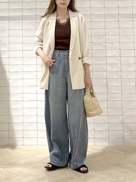 「A part by（アパートバイ）のApbコクーンデニムパンツ（デニムパンツ、ブルー系）」を使った、cocoさん（レディース・160cm）の夏コーディネート