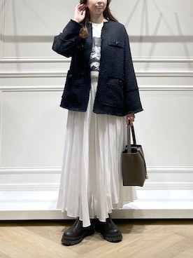 「A part by（アパートバイ）のイレヘムフレアスカート（スカート、ホワイト系）」を使った、cocoさん（レディース・160cm）の冬コーディネート