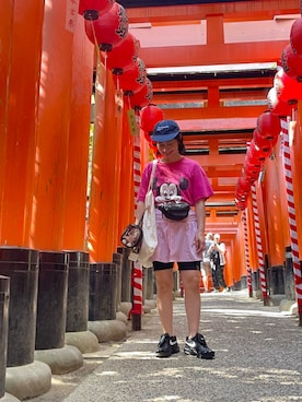 「HOLIDAY（ホリデイ）のHOLIDAY PACKABLE MINI WAIST BAG パッカブルホリデイミニウエストバッグ（ボディバッグ/ウエストポーチ、ブラック系）」を使った、たかこさん（レディース・158cm）の夏コーディネート