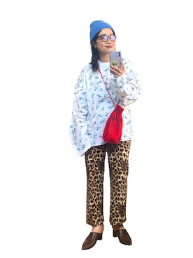 「柄×柄」｜「アイテム（ニットキャップ/ビーニー）」を使った、たかこさん（レディース・158cm）の秋コーディネート