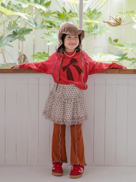 「MARKEY'S（マーキーズ）のワッフルメローカットソー（Tシャツ/カットソー、レッド系）」を使った、MARKEY'Sさん（キッズ・110cm）の秋コーディネート