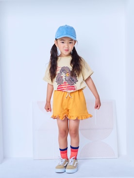 「Life Support Products（ライフサポートプロダクツ）の【プチプラ】ショートスリーブプリントＴ（Tシャツ/カットソー、ベージュ系）」を使った、MARKEY'Sさん（キッズ・110cm）の夏コーディネート