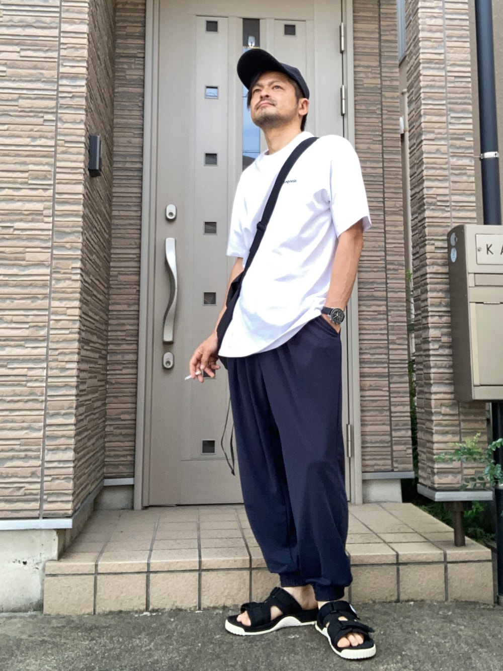 「夏コーデ、夏、ジョガーパンツ、UNIQLO、サンダル、SHAKA、キャップ、THE NORTH FACE、ショルダーバッグ、ネイビー、白Tシャツ、patagonia」｜「UNIQLOのアイテム（パンツ、ブルー系）」を使った、タルナンドさん（メンズ・165cm）の秋コーディネートの1枚目の写真