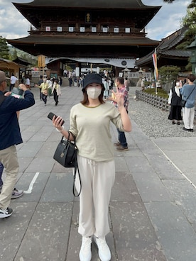 「Kastane（カスタネ）のリンガボーダーBIGロンT（Tシャツ/カットソー、イエロー系）」を使った、rinoさん（レディース・165cm）の春コーディネート