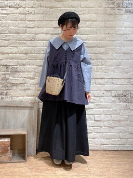 「ブルーコーデ」｜「アイテム（ハンチング/ベレー帽）」を使った、ながやさん（レディース・157cm）の春コーディネート