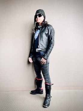 「アイテム（ライダースジャケット）」を使った、YasushiImanishiさん（メンズ・168cm）の秋コーディネート