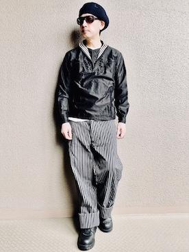「ストライプパンツ」｜「アイテム（ハンチング/ベレー帽）」を使った、YasushiImanishiさん（メンズ・168cm）の春コーディネート