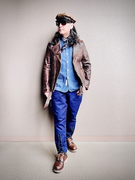 「アイテム（ライダースジャケット）」を使った、YasushiImanishiさん（メンズ・168cm）の冬コーディネート