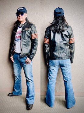 「アイテム（ライダースジャケット）」を使った、YasushiImanishiさん（メンズ・168cm）の冬コーディネート