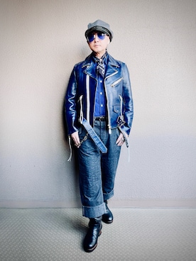 「アイテム（ライダースジャケット）」を使った、YasushiImanishiさん（メンズ・168cm）の冬コーディネート