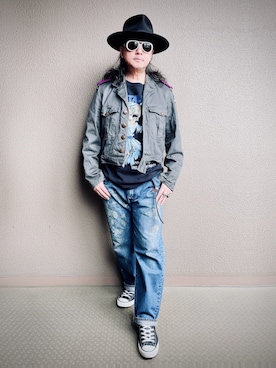 「VINTAGE（ヴィンテージ）のアイテム（Tシャツ/カットソー、ブラック系）」を使った、Yasunishi69さん（メンズ・168cm）の春コーディネート