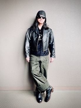 「アイテム（ライダースジャケット）」を使った、YasushiImanishiさん（メンズ・168cm）の秋コーディネート