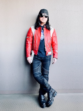 「アイテム（ライダースジャケット）」を使った、YasushiImanishiさん（メンズ・168cm）の秋コーディネート