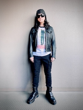 「アイテム（ライダースジャケット）」を使った、YasushiImanishiさん（メンズ・168cm）の冬コーディネート