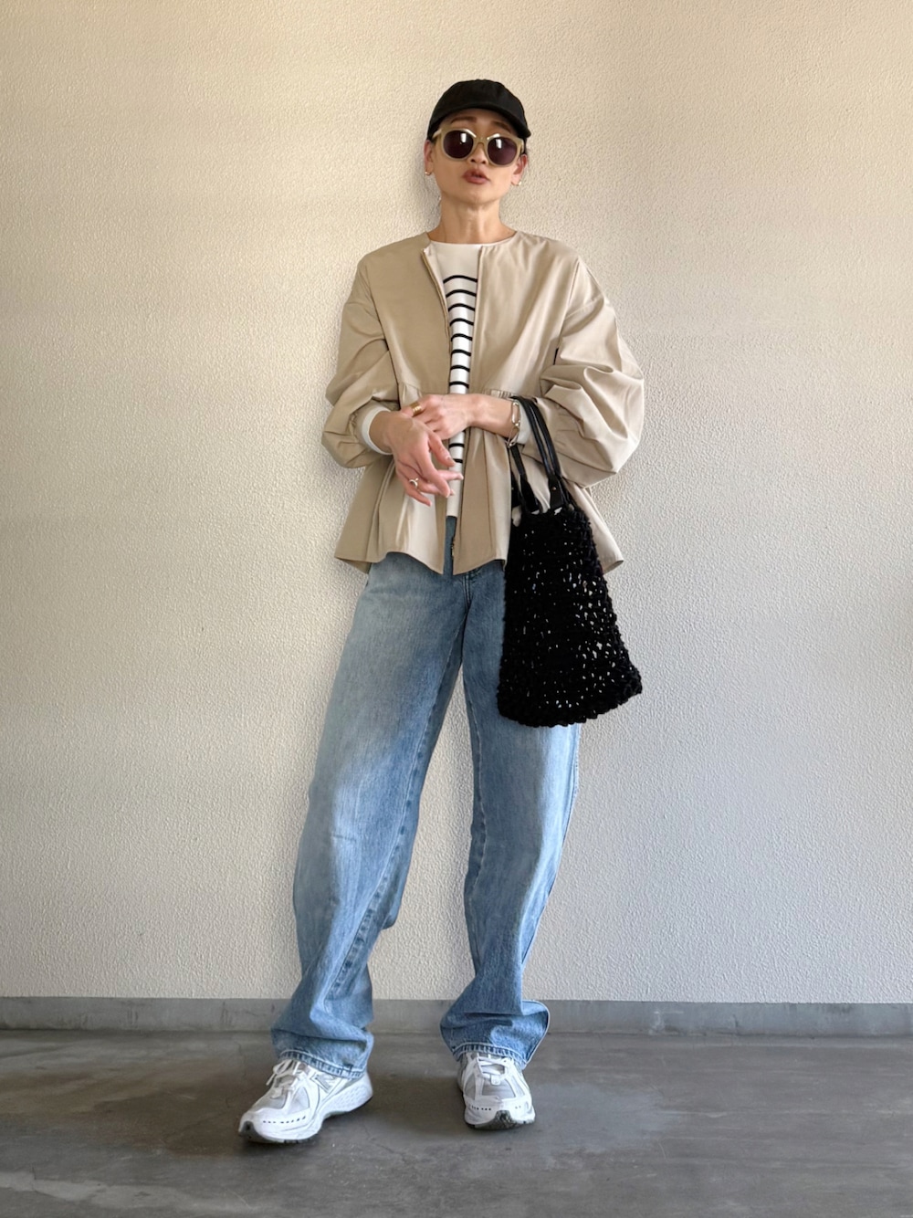 「PR、ブルゾン、春コート、大人カジュアル、大人コーデ、春色」｜「OPAQUE.CLIPの撥水ノーカラーペプラムブルゾン【洗濯機洗い可/花粉対応】（ノーカラージャケット、ベージュ系）」を使った、Yukieさん（骨格ナチュラル・レディース・166cm）の春コーディネートの1枚目の写真