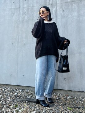 「UNIQLO（ユニクロ）のワイドフィットカーブジーンズ（丈長め82cm）（デニムパンツ）」を使った、Yukieさん（レディース・166cm）の冬コーディネート
