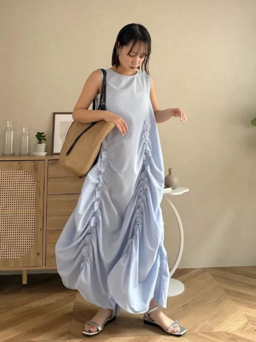 春名亜美 FROM FIRST Musee コットン ワンピ 春名亜美さんコラボ ] シャーリングフリルワンピース