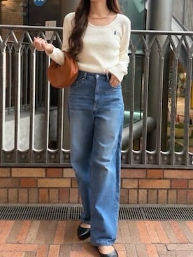 「KOBE LETTUCE（コウベレタス）の[ 岡部あゆみさんコラボ ]ワイドストレートデニムパンツ（デニムパンツ、ブルー系）」を使った、神戸レタスさん（レディース・155cm）の秋コーディネート