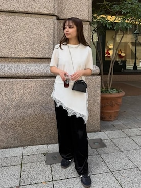 「KOBE LETTUCE（コウベレタス）のアシンメトリーレースドッキングプルオーバー（Tシャツ/カットソー、ホワイト系）」を使った、神戸レタスさん（レディース・162cm）の春コーディネート