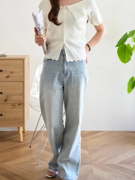 「KOBE LETTUCE（コウベレタス）の[ 岡部あゆみさんコラボ ]ワイドストレートデニムパンツ（デニムパンツ、ブルー系）」を使った、神戸レタスさん（レディース・158cm）の夏コーディネート