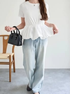 「KOBE LETTUCE（コウベレタス）の[ 岡部あゆみさんコラボ ]ワイドストレートデニムパンツ（デニムパンツ、ブルー系）」を使った、神戸レタスさん（レディース・158cm）の夏コーディネート