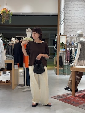「CIAOPANIC TYPY（チャオパニックティピー）の【接触冷感/二の腕カバーも叶う◎】配色ラグラン半袖ニットTee（ニット/セーター、ブラウン系）」を使った、りーたんさん（レディース・152cm）の夏コーディネート