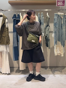 「CIAOPANIC TYPY（チャオパニックティピー）のオーバーサイズマルチボーダーロンTee（Tシャツ/カットソー、ブラック系）」を使った、りーたんさん（レディース・152cm）の夏コーディネート