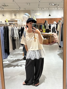 「CIAOPANIC TYPY（チャオパニックティピー）の【UNISEX】タックボリュームワイドスラックスパンツ/サイドラインスラックス（スラックス）」を使った、りーたんさん（レディース・152cm）の夏コーディネート