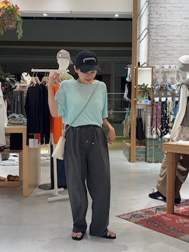 「CIAOPANIC TYPY（チャオパニックティピー）の【接触冷感/二の腕カバーも叶う◎】配色ラグラン半袖ニットTee（ニット/セーター、ブルー系）」を使った、りーたんさん（レディース・152cm）の夏コーディネート