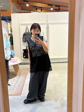 「CIAOPANIC TYPY（チャオパニックティピー）の【+1で旬な雰囲気】総レースチュニックベスト（チュニック、ブラック系）」を使った、りーたんさん（レディース・152cm）の夏コーディネート