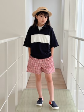 「GU（ジーユー）のアイテム（ポロシャツ、ブラック系）」を使った、sui_mmyさん（キッズ・139cm）の夏コーディネート