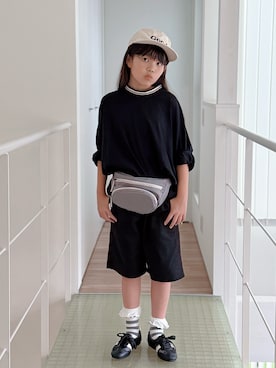 「B:MING by BEAMS（ビーミングバイビームス）のGood ロゴキャップ（キャップ、ベージュ系）」を使った、sui_mmyさん（キッズ・139cm）の夏コーディネート