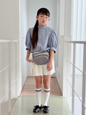 「GU（ジーユー）のアイテム（シャツ/ブラウス、ブルー系）」を使った、sui_mmyさん（キッズ・139cm）の夏コーディネート