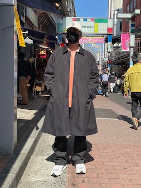「A4A（エーフォーエー）のアイテム（ステンカラーコート）」を使った、あかおさん（メンズ・171cm）の春コーディネート