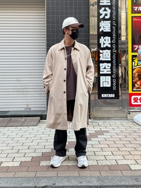「A4A（エーフォーエー）のアイテム（ステンカラーコート）」を使った、あかおさん（メンズ・171cm）の春コーディネート