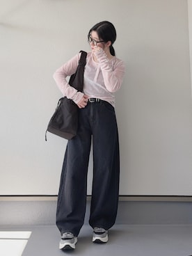 「solleim（ソルレム）の［26SS新色追加］シアーベロアヘンリーネックロンT（Tシャツ/カットソー、ピンク系）」を使った、haruさん（レディース・162cm）の春コーディネート