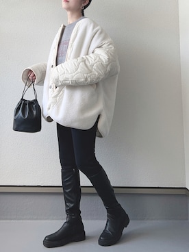 「ロゴニット」｜「アイテム（ノーカラージャケット）」を使った、haruさん（レディース・162cm）の秋コーディネート
