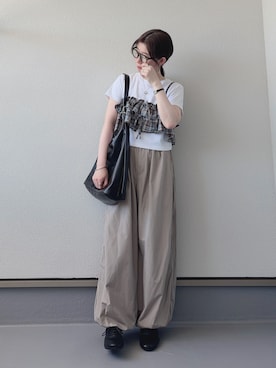 「tiptop（ティップトップ）のシアーチェックフリルビスチェ（キャミソール、ブラウン系）」を使った、haruさん（レディース・162cm）の夏コーディネート