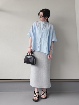 「reca（レカ）の【ZOZOTOWN限定】バンドカラードルマンシャツ（シャツ/ブラウス、ブルー系）」を使った、haruさん（レディース・162cm）の春コーディネート