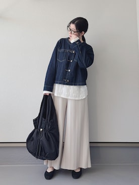 「ikka（イッカ）の【雑誌InRed4月号掲載】ストレッチデニムノーカラーシャウター【親子コーデ】（デニムジャケット、ブルー系）」を使った、haruさん（レディース・162cm）の春コーディネート