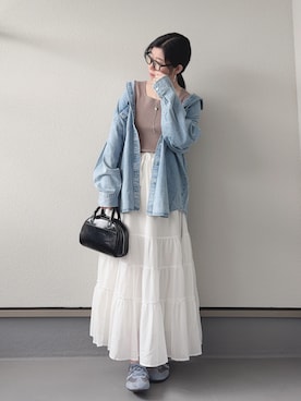 「tiptop（ティップトップ）の【ZOZO限定アイテム】デニム×チェックBIGシャツジャケット（シャツ/ブラウス、ブルー系）」を使った、haruさん（レディース・162cm）の春コーディネート