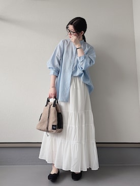 「ikka（イッカ）の冷感リネンバンドカラーシャツ（シャツ/ブラウス、ブルー系）」を使った、haruさん（レディース・162cm）の春コーディネート