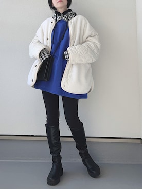 「黒スキニー」｜「アイテム（ノーカラージャケット）」を使った、haruさん（レディース・162cm）の冬コーディネート