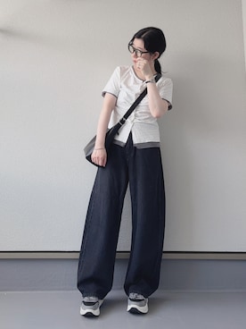 「tiptop（ティップトップ）の配色前ギャザーT（Tシャツ/カットソー、ホワイト系）」を使った、haruさん（レディース・162cm）の夏コーディネート