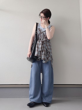 「tiptop（ティップトップ）のシアーチェック2wayシャツ（シャツ/ブラウス、ブラウン系）」を使った、haruさん（レディース・162cm）の夏コーディネート