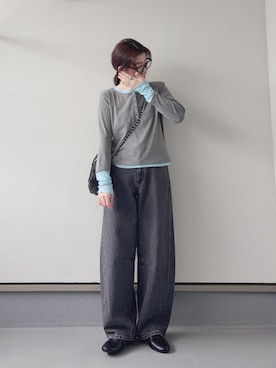 「tiptop（ティップトップ）の【ZOZO限定カラーあり】配色シアー×ヘンリーネックレイヤードロンT（Tシャツ/カットソー、グレー系）」を使った、haruさん（レディース・162cm）の秋コーディネート